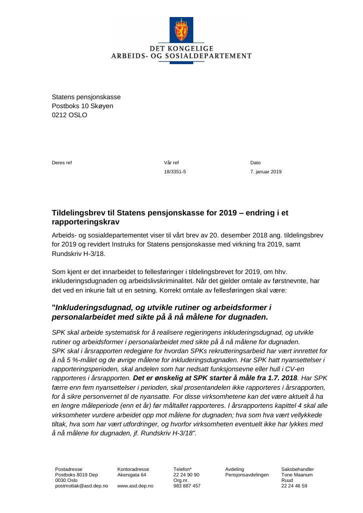 Forsiden av dokumentet Supplerende tildelingsbrev nr. 1 Statens pensjonskasse 2019