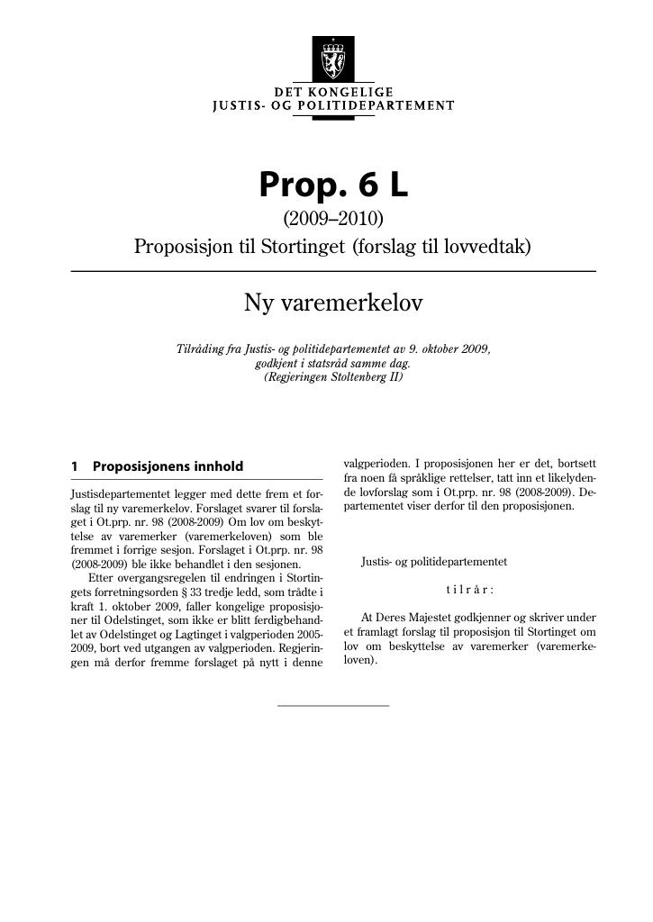 Forsiden av dokumentet Prop. 6 L (2009-2010)