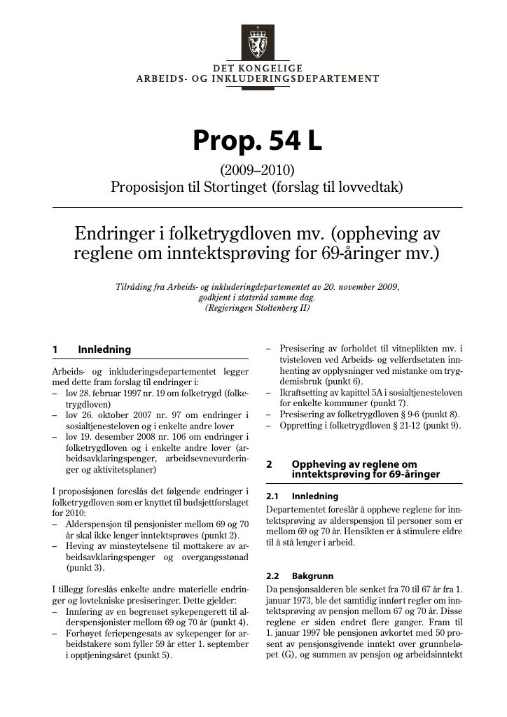 Forsiden av dokumentet Prop. 54 L (2009–2010)