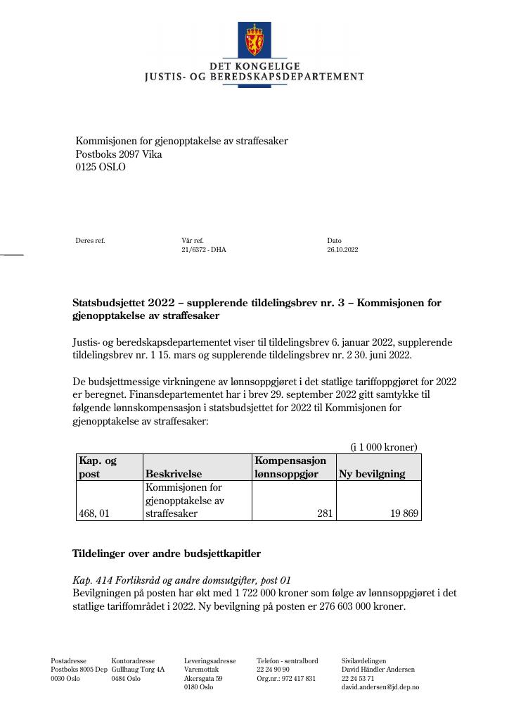 Forsiden av dokumentet Tildelingsbrev Kommisjonen for gjenopptakelse av straffesaker 2022 - tillegg nr. 3