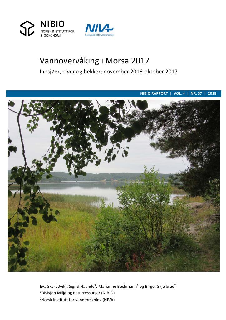 Forsiden av dokumentet Vannovervåking i Morsa 2017. Innsjøer, elver og bekker; november 2016-oktober 2017