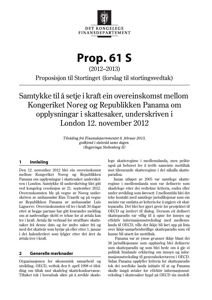 Forsiden av dokumentet Prop. 61 S (2012–2013)