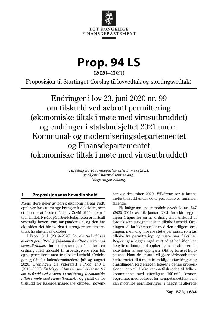 Forsiden av dokumentet Prop. 94 LS (2020–2021)