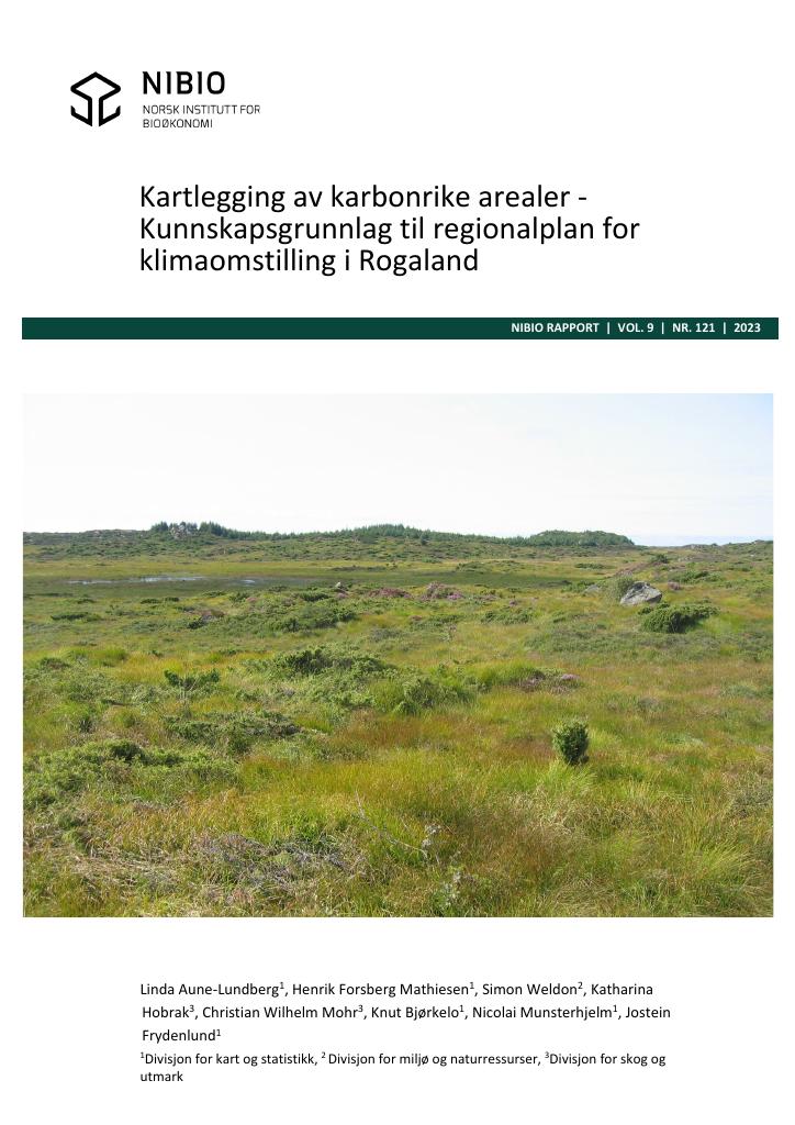 Forsiden av dokumentet Kartlegging av karbonrike arealer - Kunnskapsgrunnlag til regionalplan for klimaomstilling i Rogaland