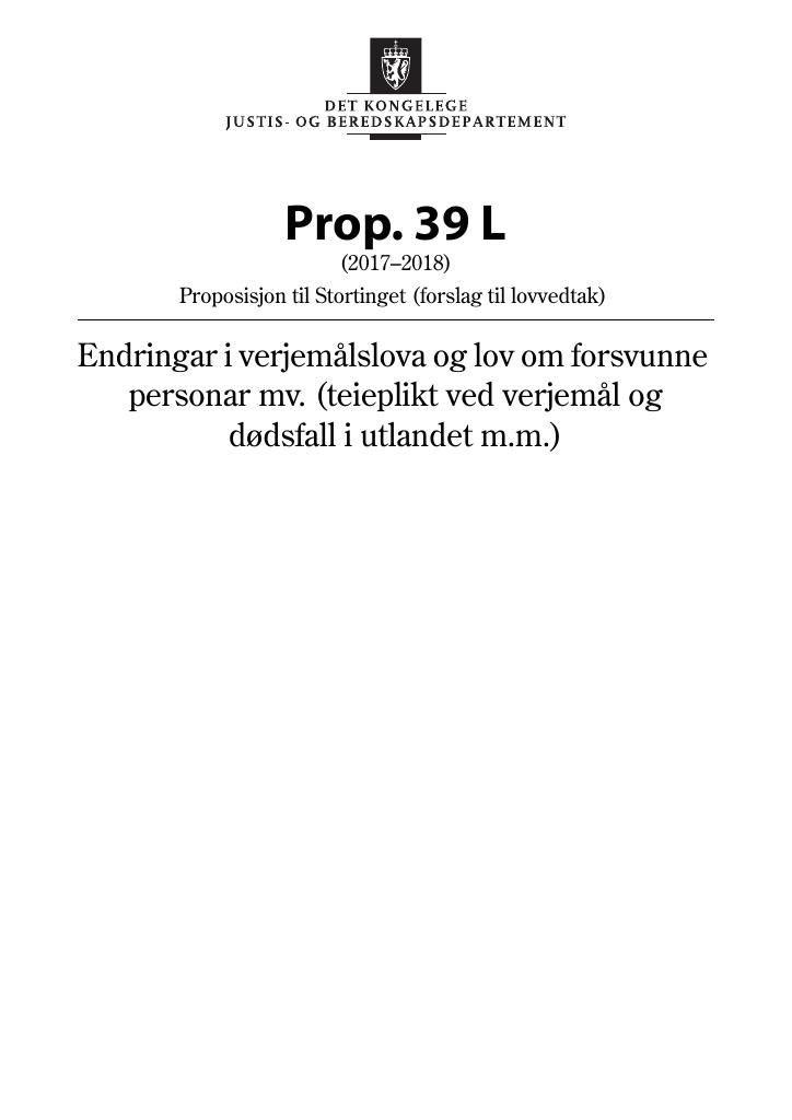 Forsiden av dokumentet Prop. 39 L (2017–2018)