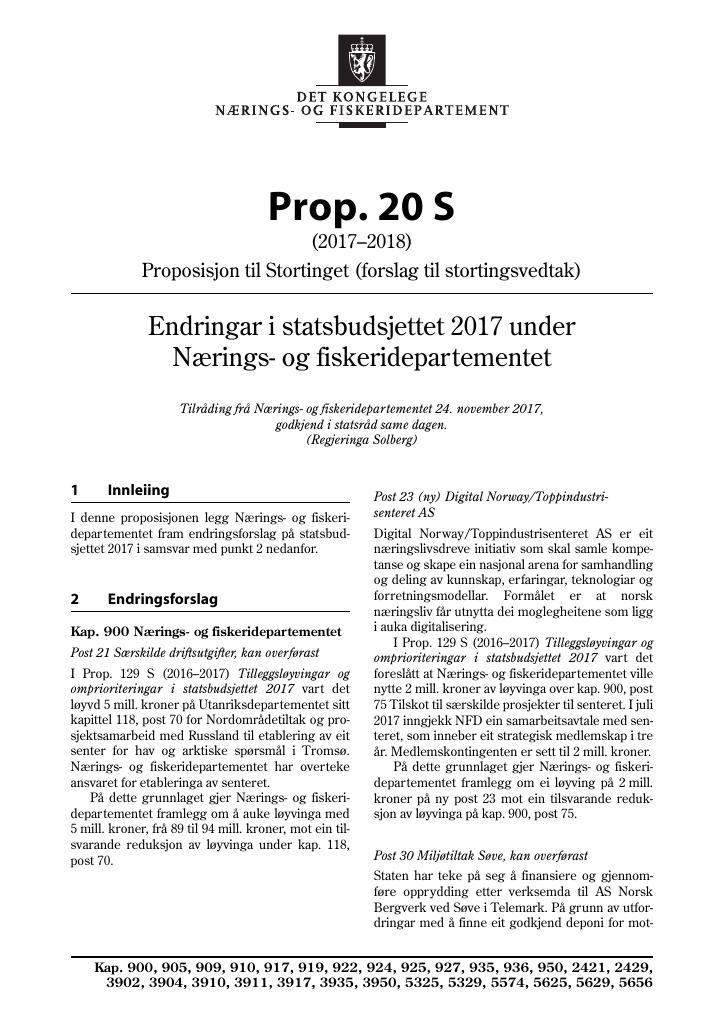 Forsiden av dokumentet Prop. 20 S (2017–2018)