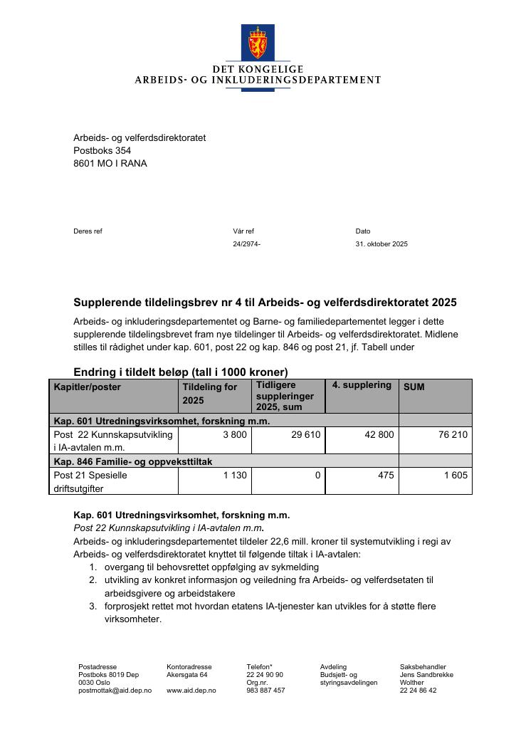 Forsiden av dokumentet Tildelingsbrev Arbeids- og velferdsdirektoratet 2025 - tillegg nr. 4