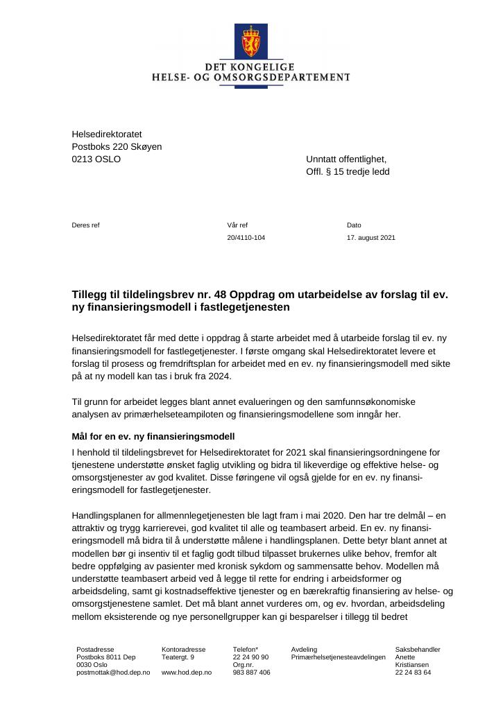 Forsiden av dokumentet Tildelingsbrev Helsedirektoratet 2021 - tillegg nr. 48