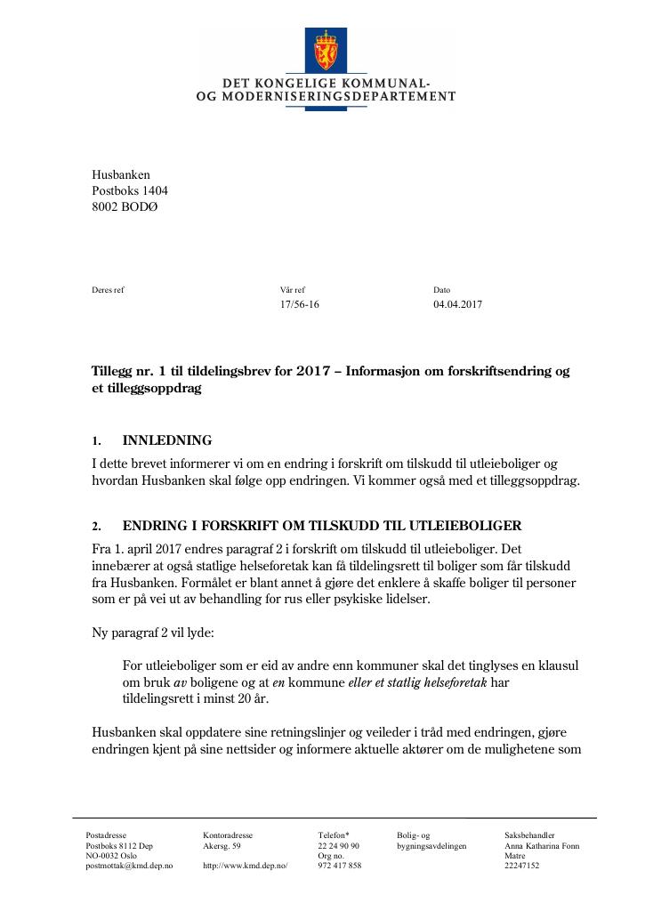 Forsiden av dokumentet Tilleggsbrev april 2017 (pdf)