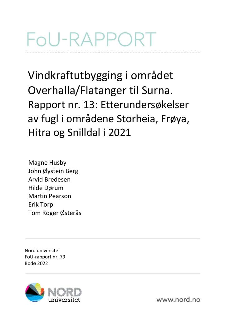 Forsiden av dokumentet Vindkraftutbygging i området Overhalla/Flatanger til Surna. Rapport nr. 13: Etterundersøkelser av fugl i områdene Storheia, Frøya, Hitra og Snilldal i 2021