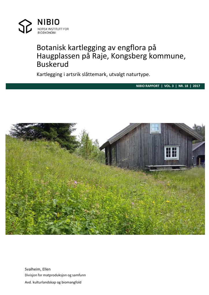 Forsiden av dokumentet "Botanisk kartlegging av engflora på Haugplassen på Raje, Kongsberg kommune, Buskerud. Kartlegging av artsrik slåttemark, utvalgt naturtype."