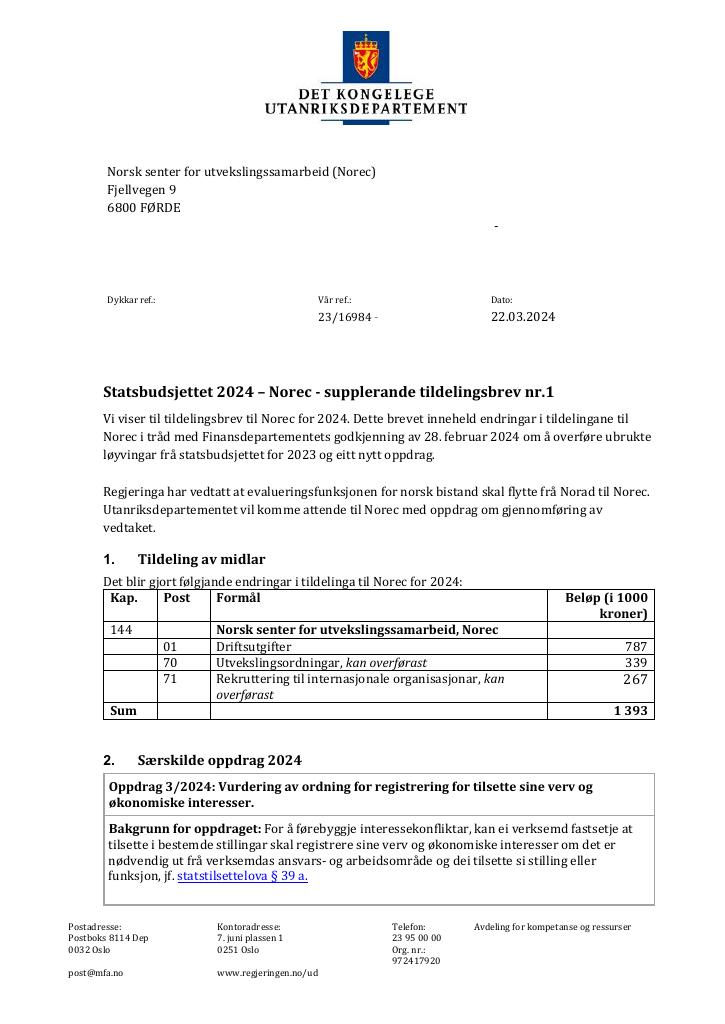 Forsiden av dokumentet Tildelingsbrev Norec 2024 - tillegg nr. 1