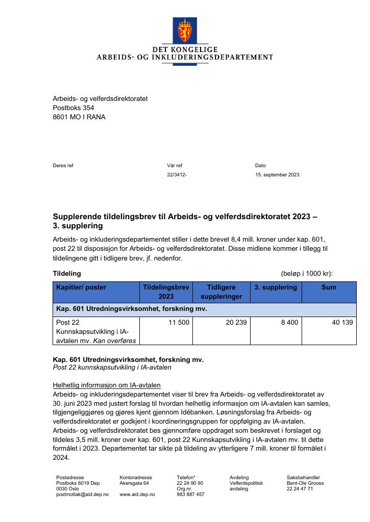 Forsiden av dokumentet Tildelingsbrev Arbeids- og velferdsdirektoratet 2023 - tillegg nr. 3