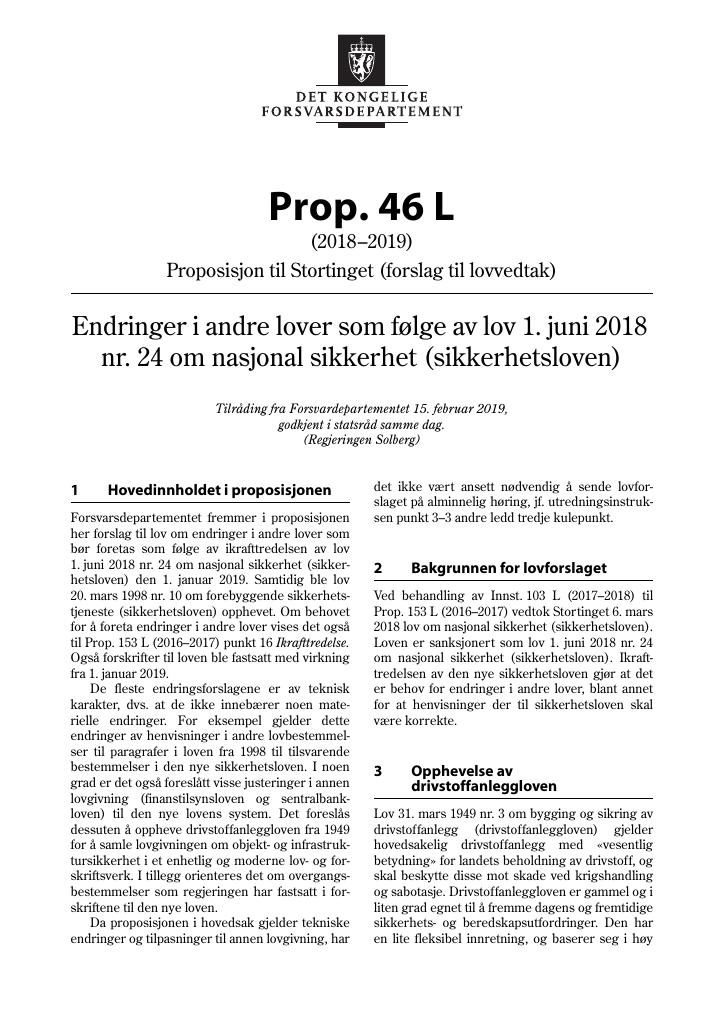 Forsiden av dokumentet Prop. 46 L (2018–2019)