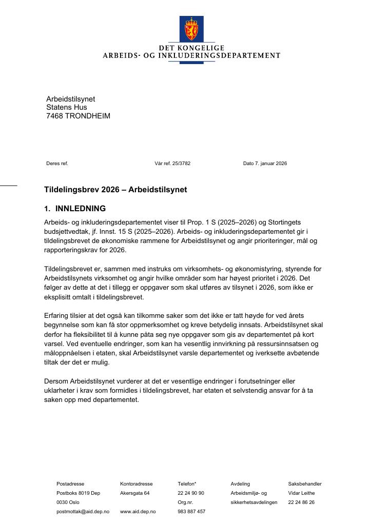 Forsiden av dokumentet Tildelingsbrev Arbeidstilsynet 2026
