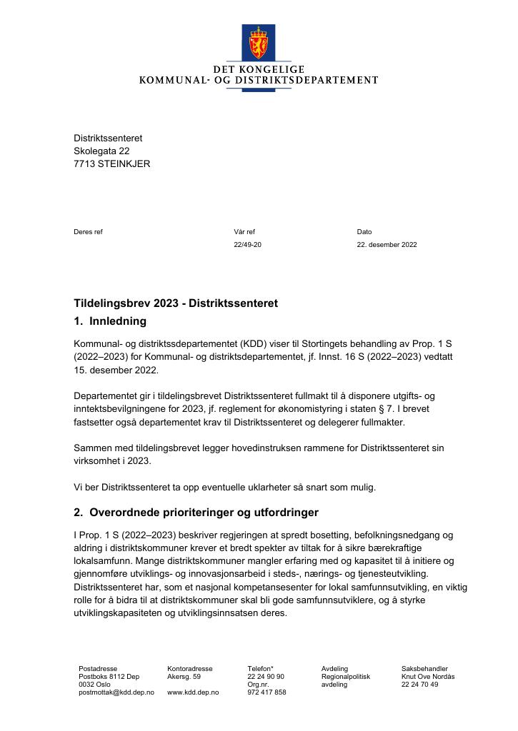 Forsiden av dokumentet Tildelingsbrev Distriktssenteret 2023