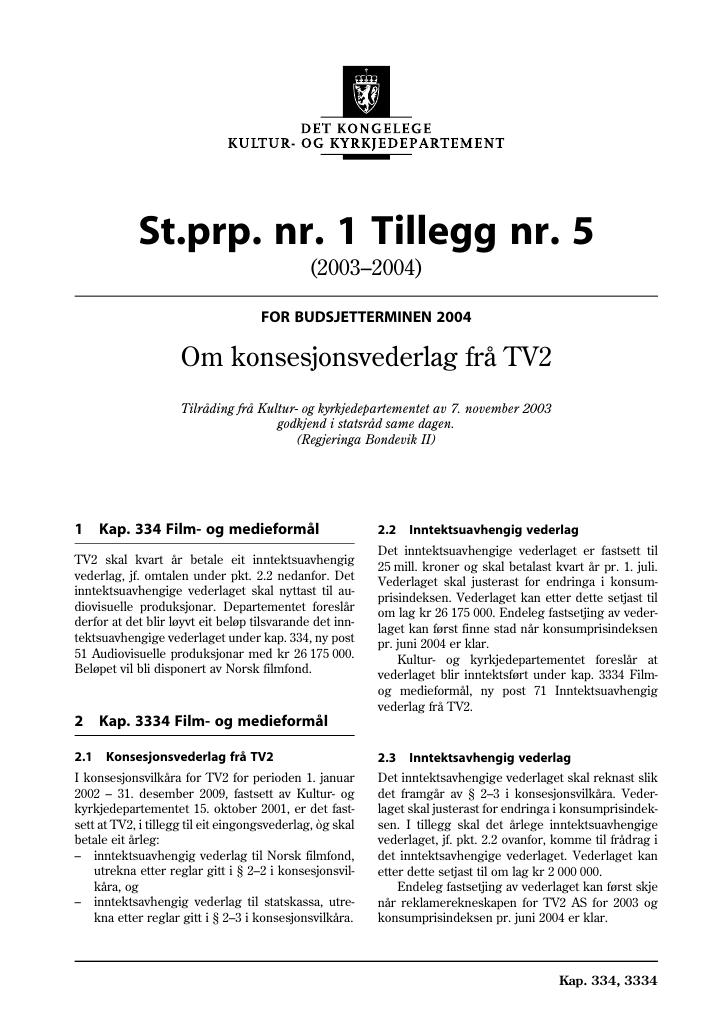 Forsiden av dokumentet St.prp nr. 1 Tillegg nr. 5 (2003-2004)