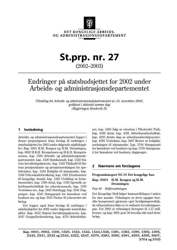 Forsiden av dokumentet St.prp. nr. 27 (2002-2003)