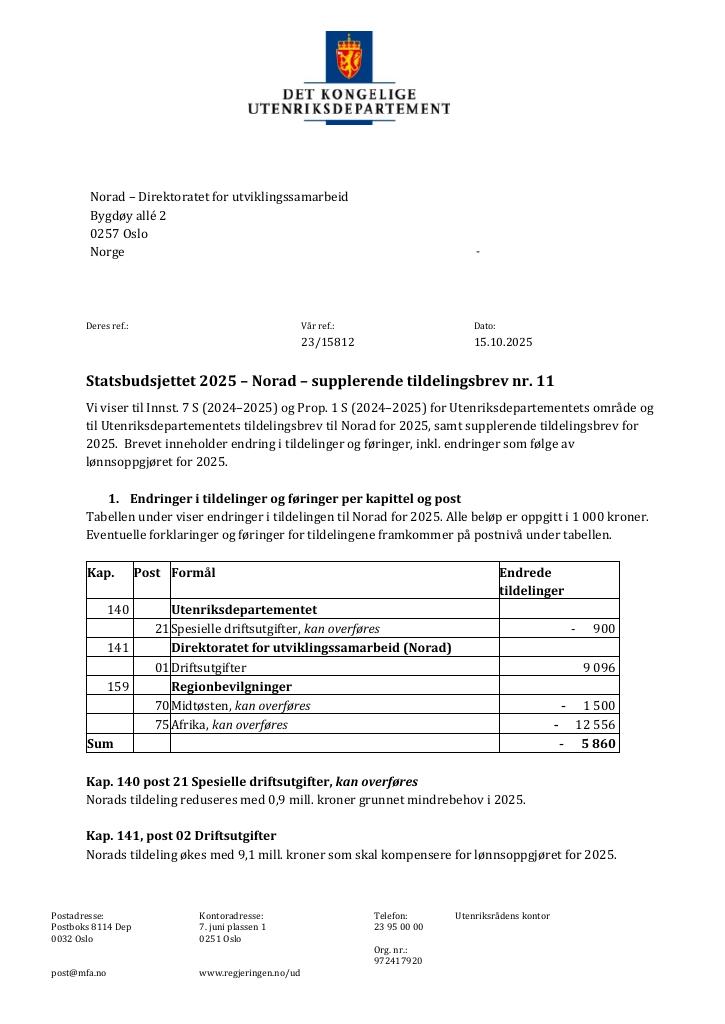 Forsiden av dokumentet Tildelingsbrev Norad 2025 - tillegg nr. 11