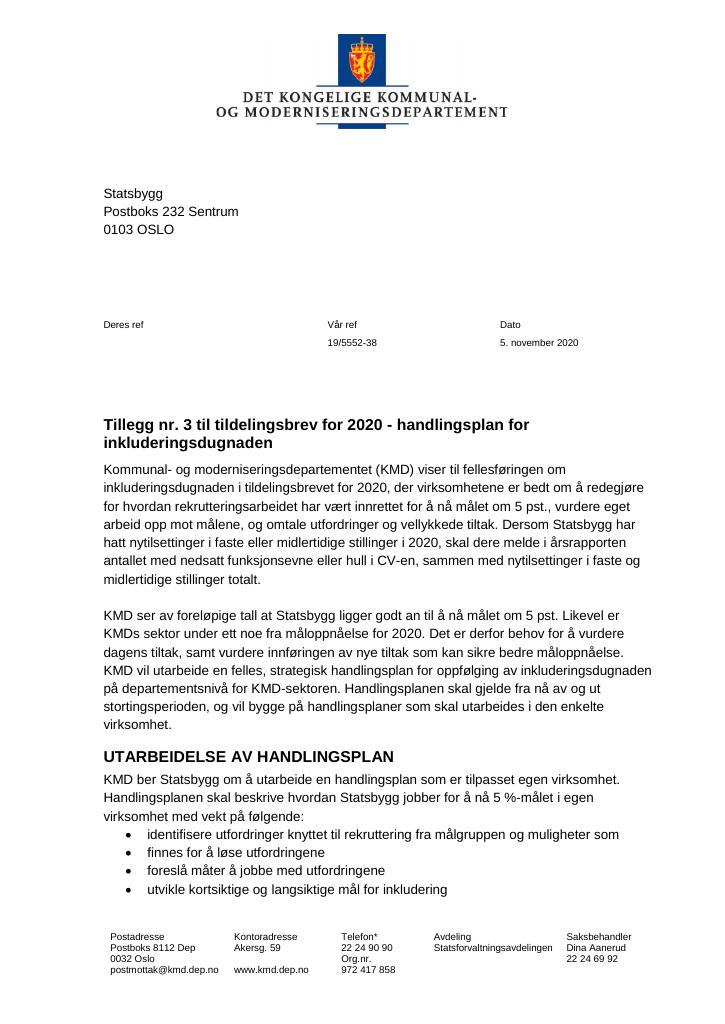 Forsiden av dokumentet Tildelingsbrev Statsbygg 2020 - tillegg nr. 3