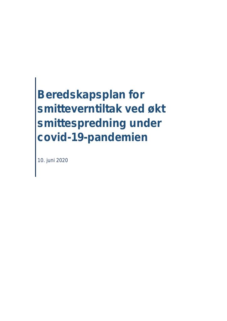 Forsiden av dokumentet Beredskapsplan for smitteverntiltak ved økt smittespredning under covid-19-pandemien