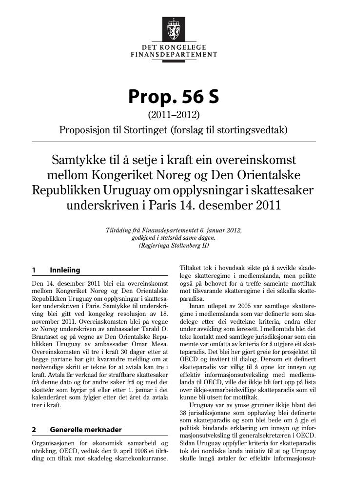 Forsiden av dokumentet Prop. 56 S (2011–2012)
