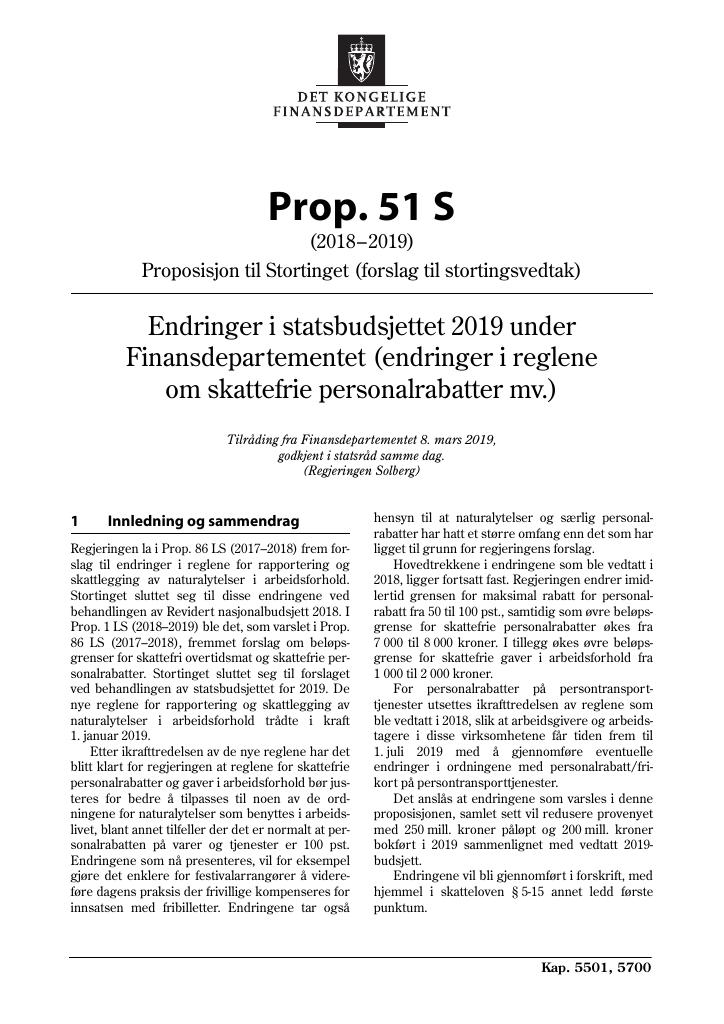 Forsiden av dokumentet Prop. 51 S (2018–2019)