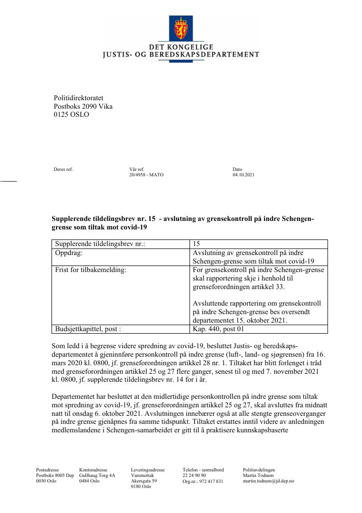 Tildelingsbrev Politidirektoratet 2021 - Tillegg Nr. 15 - Kudos