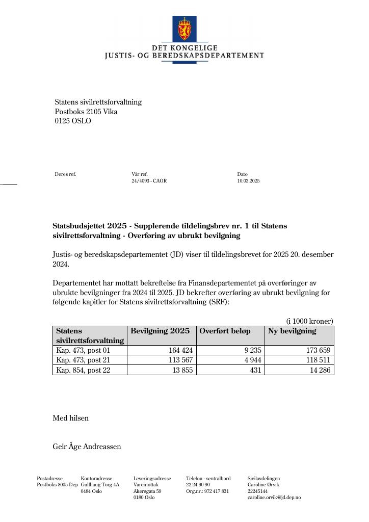 Forsiden av dokumentet Tildelingsbrev Statens sivilrettsforvaltning 2025 - tillegg nr. 1