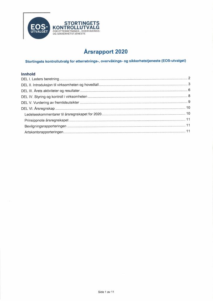 Forsiden av dokumentet Årsrapport EOS-utvalget 2020