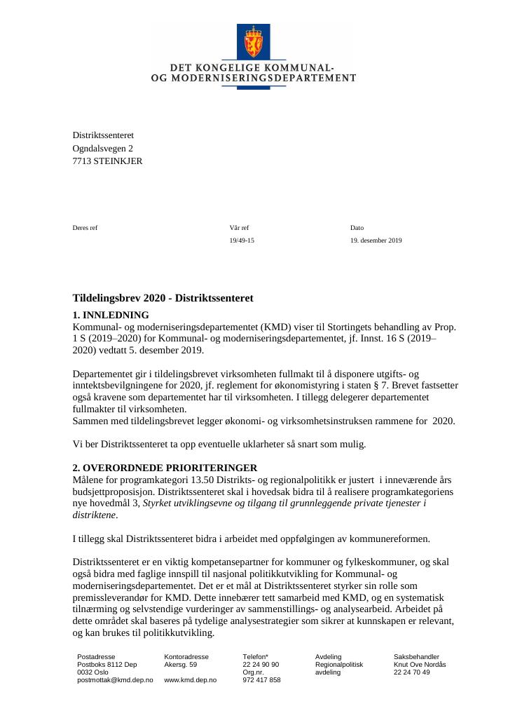 Forsiden av dokumentet Tildelingsbrev Distriktssenteret 2020