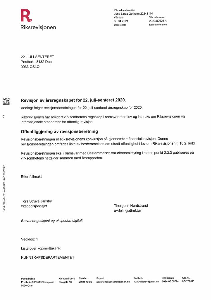 Forsiden av dokumentet Revisjonsberetning 22. juli-senteret 2020