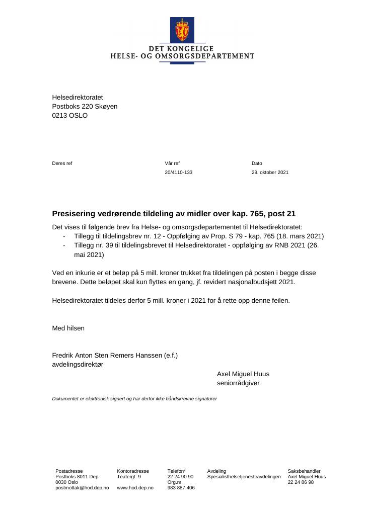 Forsiden av dokumentet Tildelingsbrev Helsedirektoratet 2021 - presisering til tillegg nr. 12 og 39