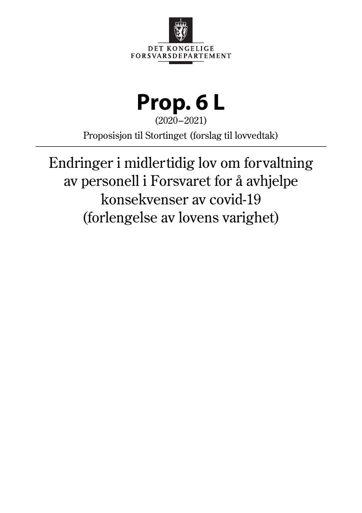 Forsiden av dokumentet Prop. 6 L (2020–2021)
