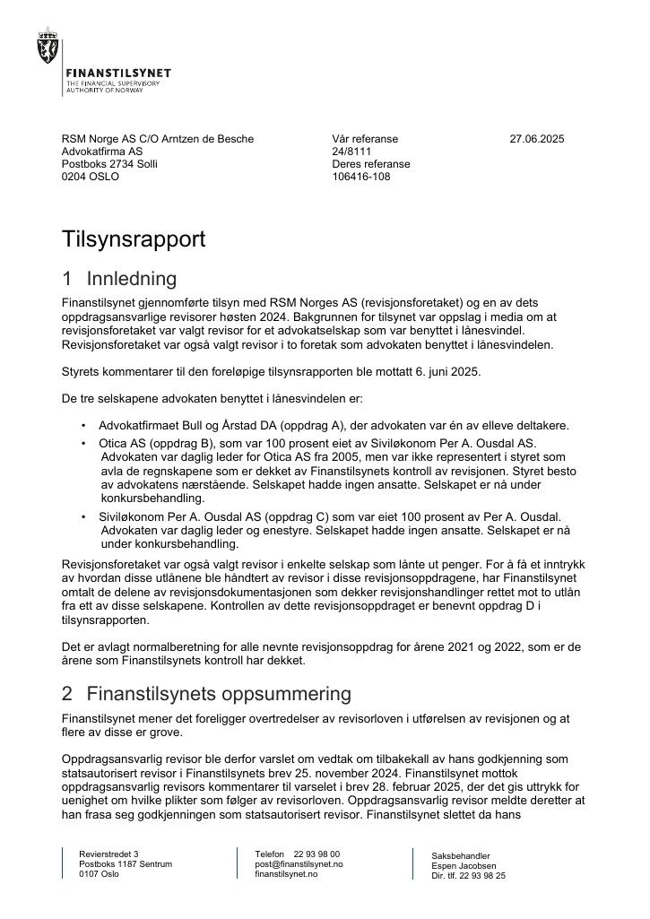 Forsiden av dokumentet Tilsynsrapport RSM Norge AS