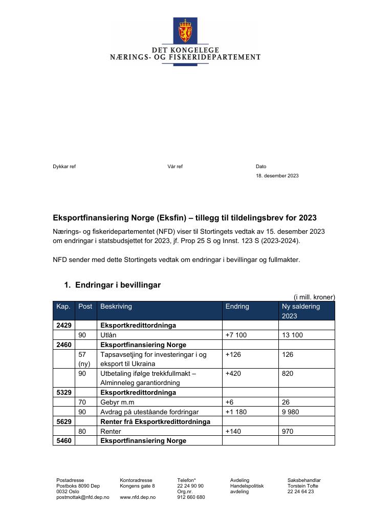 Forsiden av dokumentet Tildelingsbrev Eksportfinansiering Norge (Eksfin) 2023) - tillegg