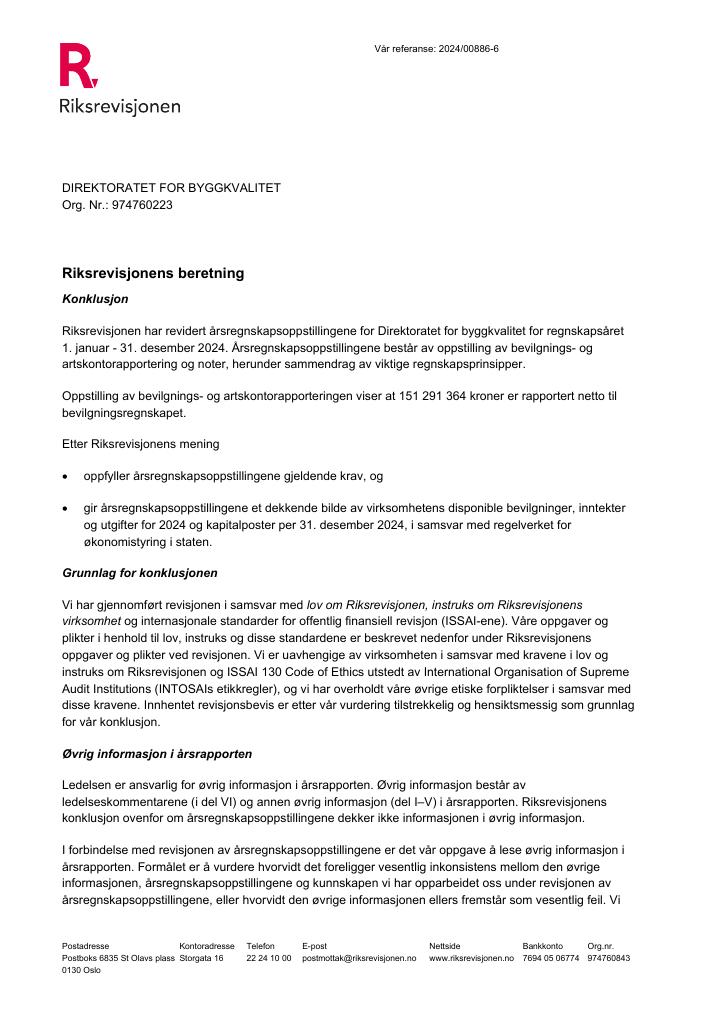 Forsiden av dokumentet Revisjonsberetning Direktoratet for byggkvalitet 2024