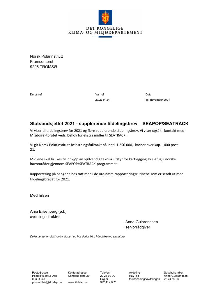 Forsiden av dokumentet Supplerende tildelingsbrev Norsk polarinstitutt 2021 - tillegg
