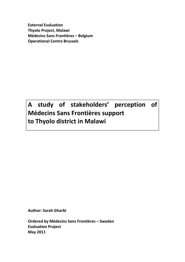 Forsiden av dokumentet A study of stakeholders’ perception of Médecins Sans Frontières support to Thyolo district in Malawi