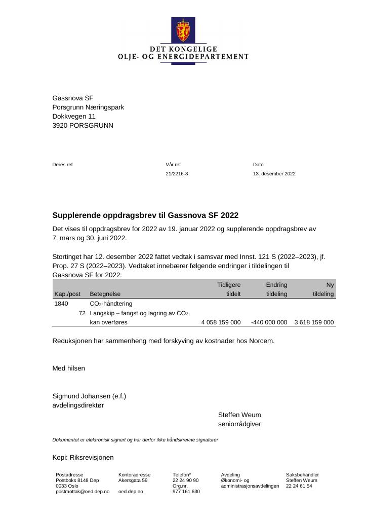 Forsiden av dokumentet Oppdragsbrev Gassnova SF 2022 - tillegg