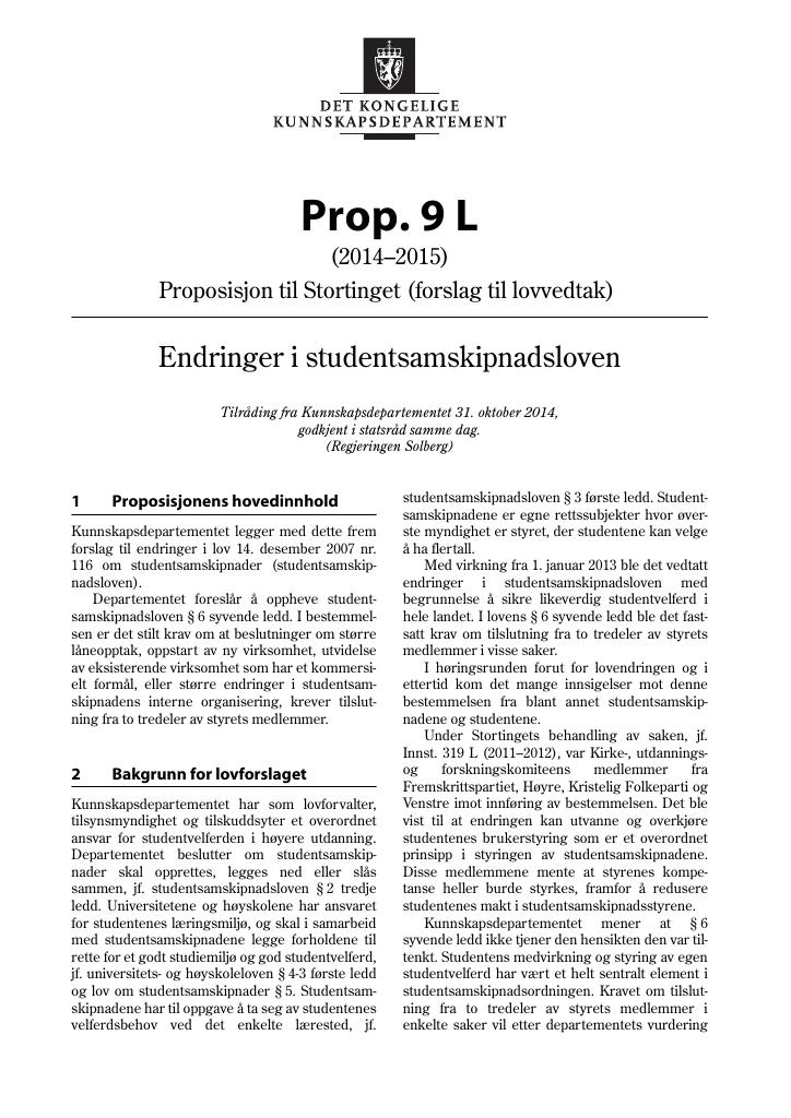 Forsiden av dokumentet Prop. 9 L (2014–2015)