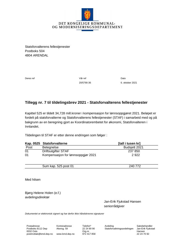 Forsiden av dokumentet Tildelingsbrev Statsforvalterens fellestjenester 2021 - tillegg nr. 7