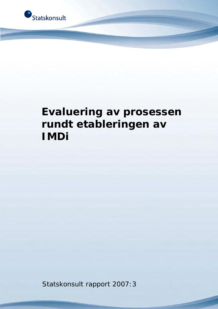 Forsiden av dokumentet Evaluering av prosessen rundt etableringen av IMDi