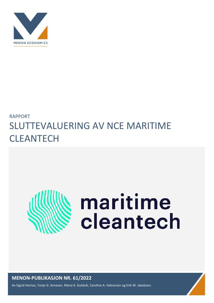 Forsiden av dokumentet SLUTTEVALUERING AV NCE MARITIME  CLEANTECH