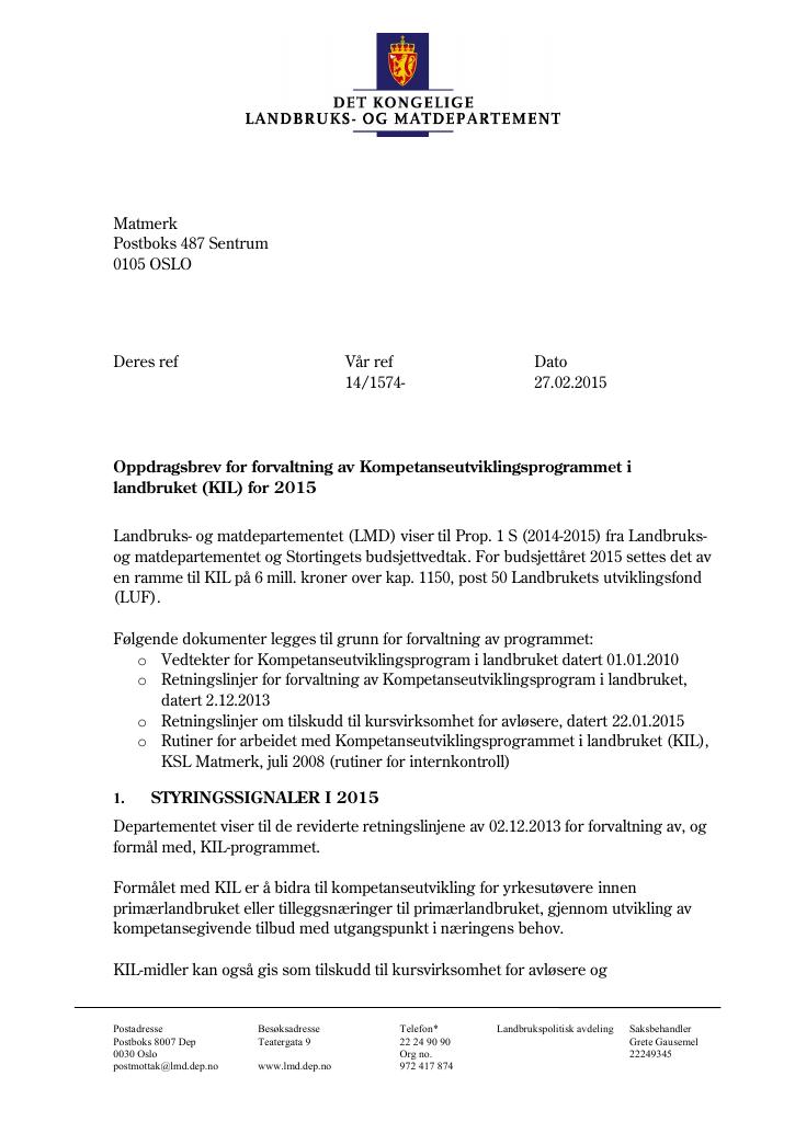 Forsiden av dokumentet Oppdragsbrev for forvaltning av Kompetanseutviklingsprogrammet i landbruket (KIL) for 2015 (PDF)