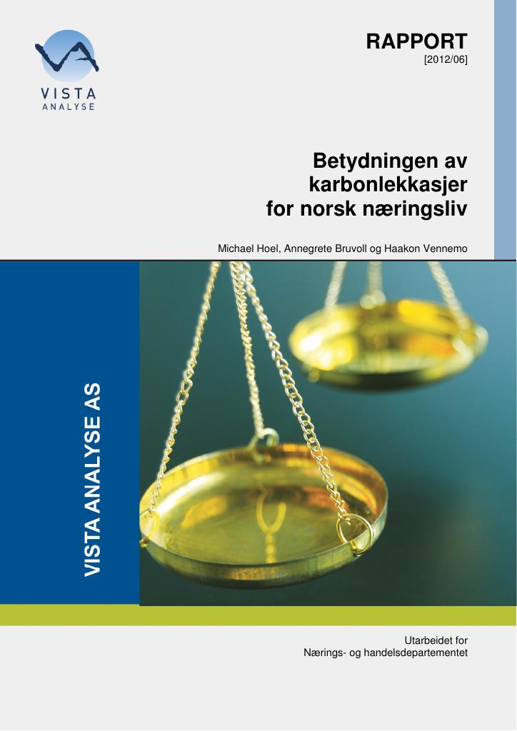 Forsiden av dokumentet Betydningen av karbonlekkasjer for norsk næringsliv