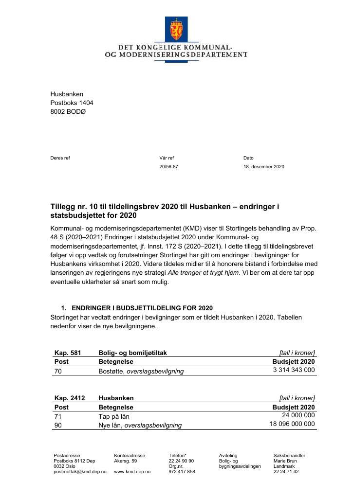 Forsiden av dokumentet Tildelingsbrev Husbanken 2020 - tillegg nr. 10