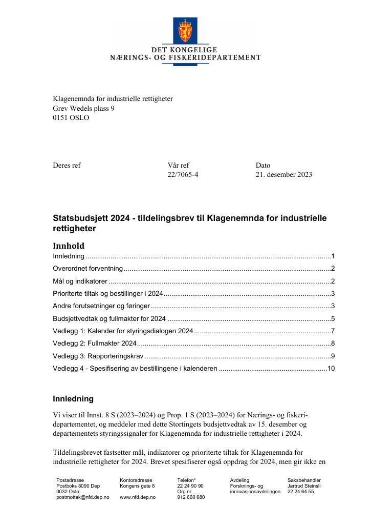 Forsiden av dokumentet Tildelingsbrev Klagenemnda for industrielle rettigheter 2024