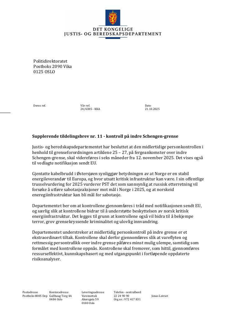 Forsiden av dokumentet Tildelingsbrev Politiet 2025 - tillegg nr. 11