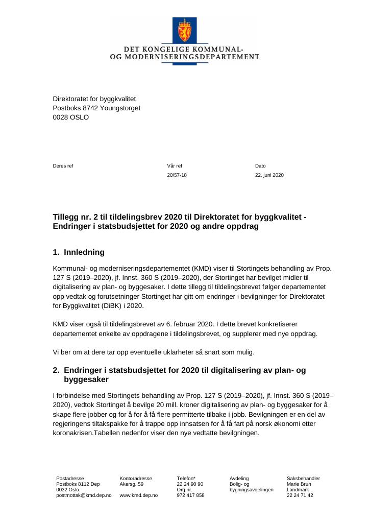 Tildelingsbrev Direktoratet For Byggkvalitet 2020 - Tillegg Nr. 2 - Kudos